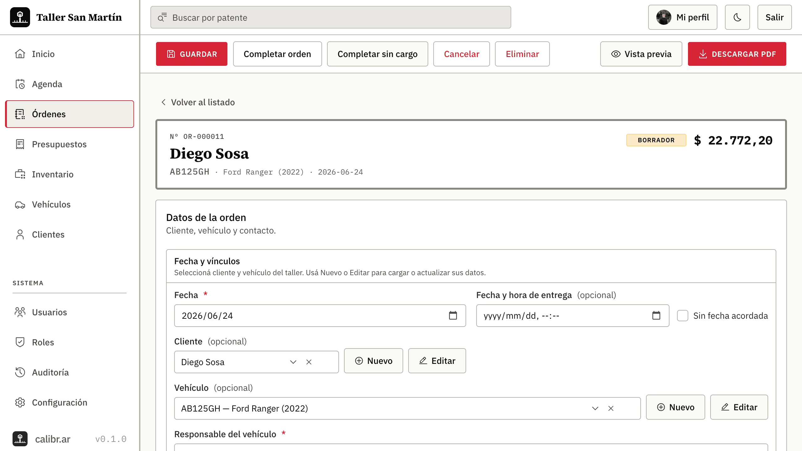 Paso 02 — Cargar orden