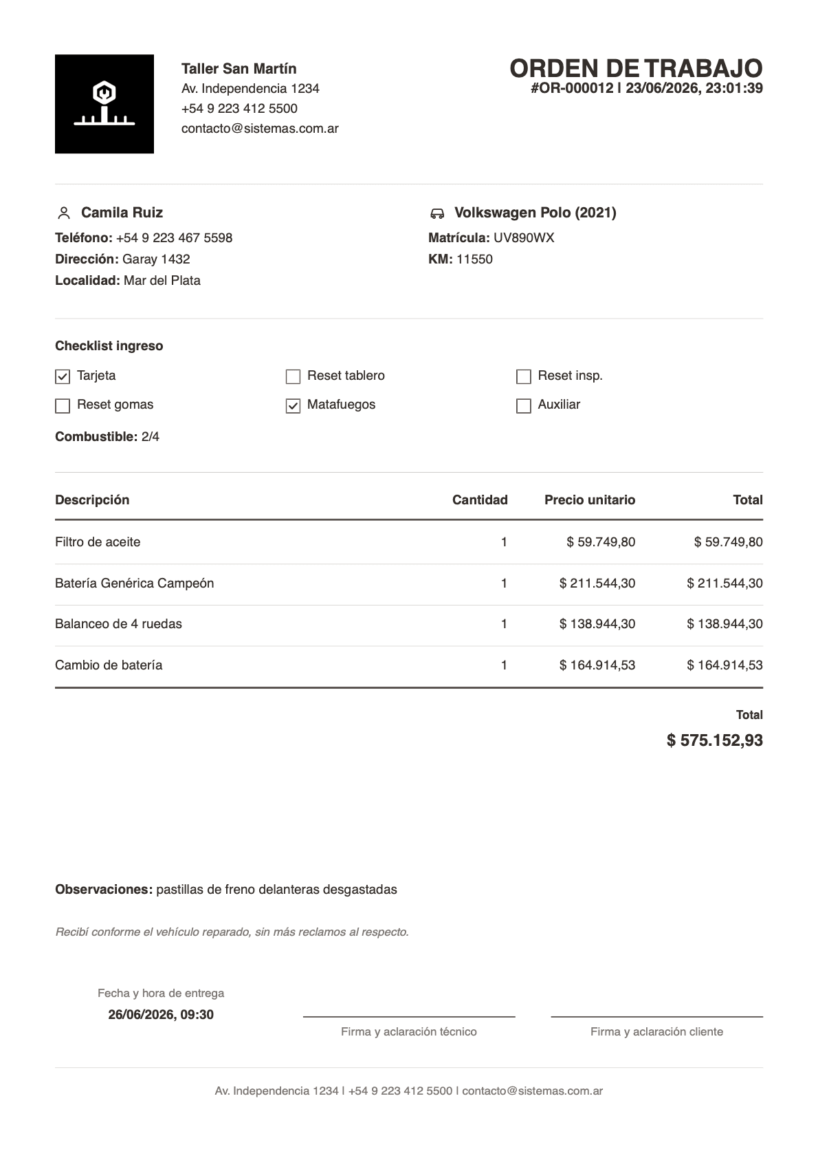 Orden de reparación impresa en PDF con datos del taller