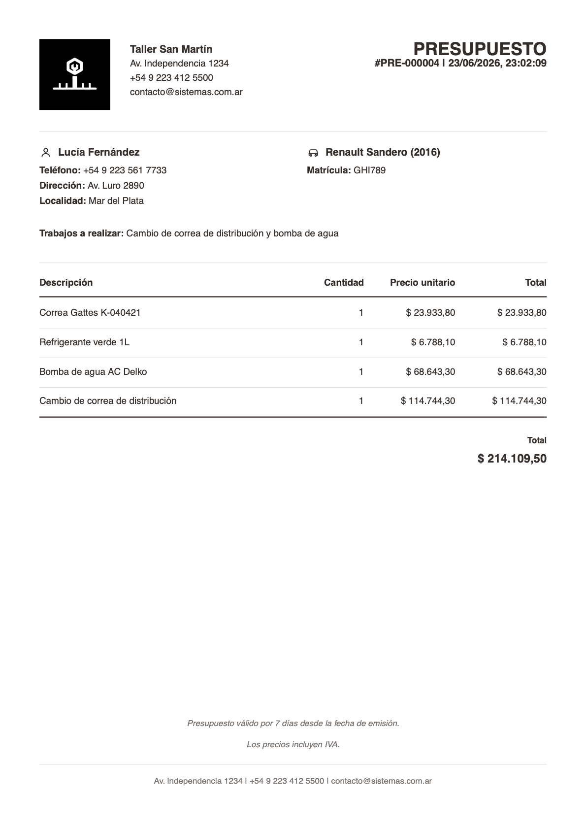 Presupuesto numerado impreso en PDF con validez e IVA